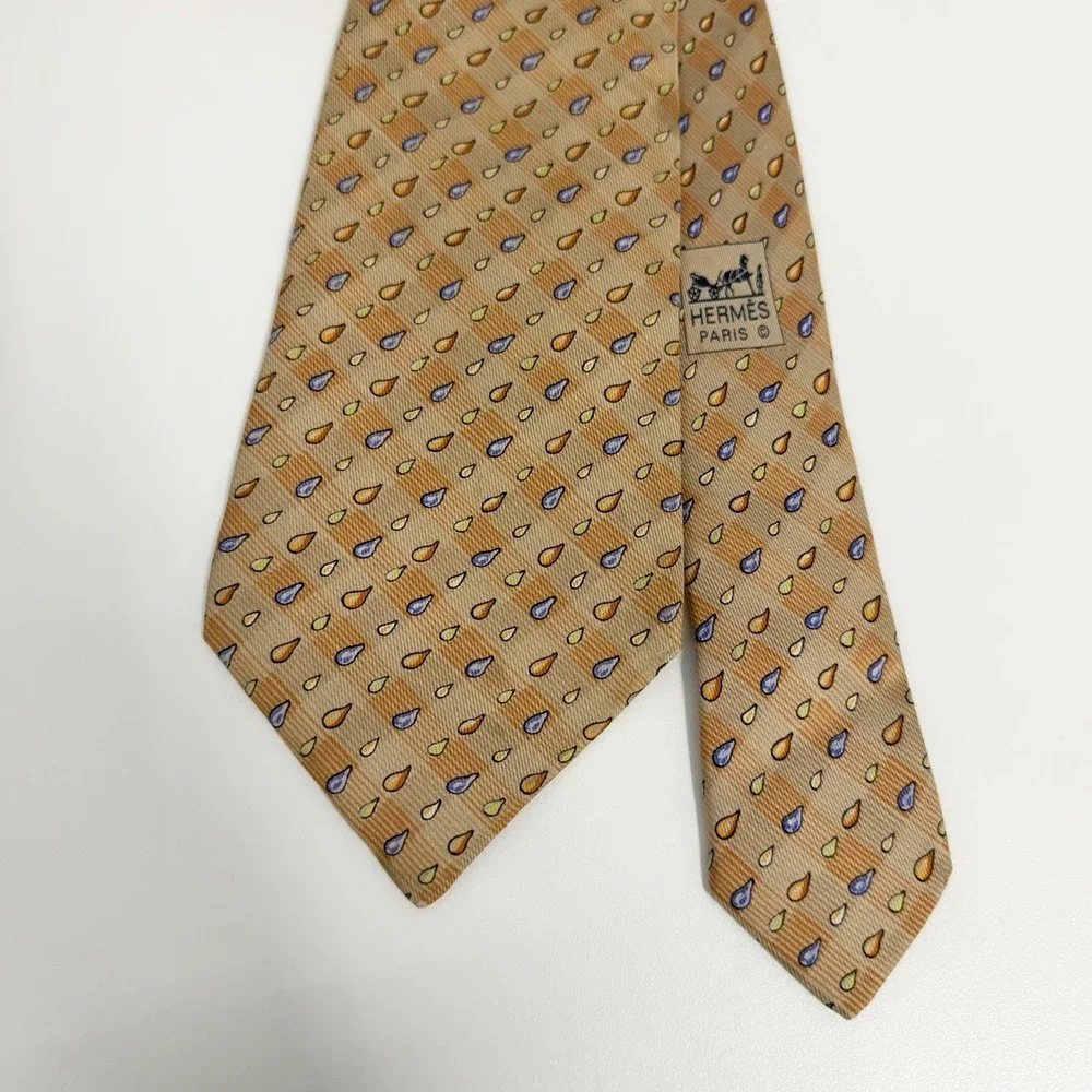 Hermes Mens Tie Rain Drops Orange 100% Satin Silk 7907 MA 3.5